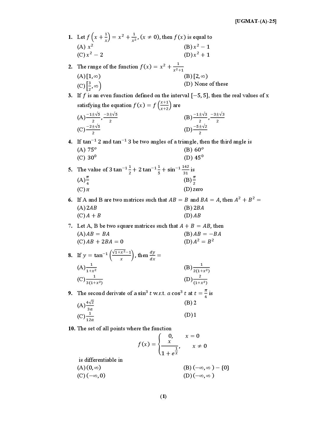PU CET UG 2025 Question Paper Maths - Page 1 of 10