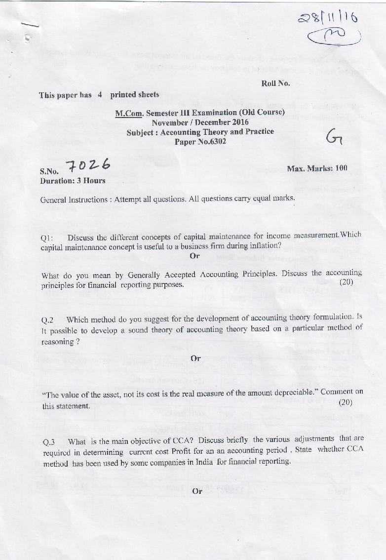 DU SOL M.Com Question Paper 2nd Year 2016 Sem 3 Accouniting Theory and Practice - Page 1
