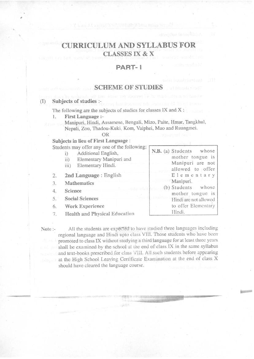 Manipur Class 9-10 Syllabus - Page 1