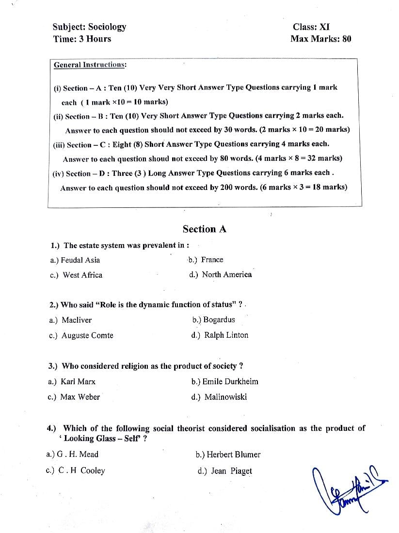 JKBOSE 11th Class Model Paper 2025 Sociology - Page 1