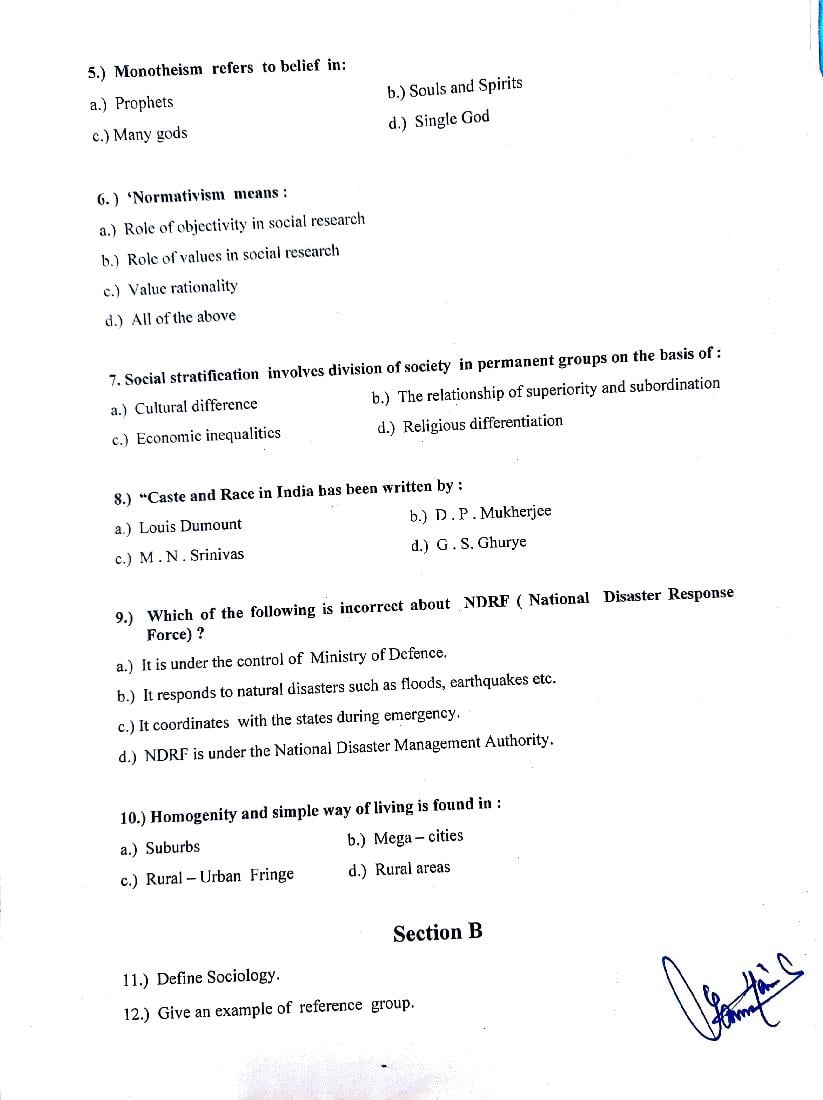 JKBOSE Class 11th Model Question Paper 2024 For Sociology - JK Board ...