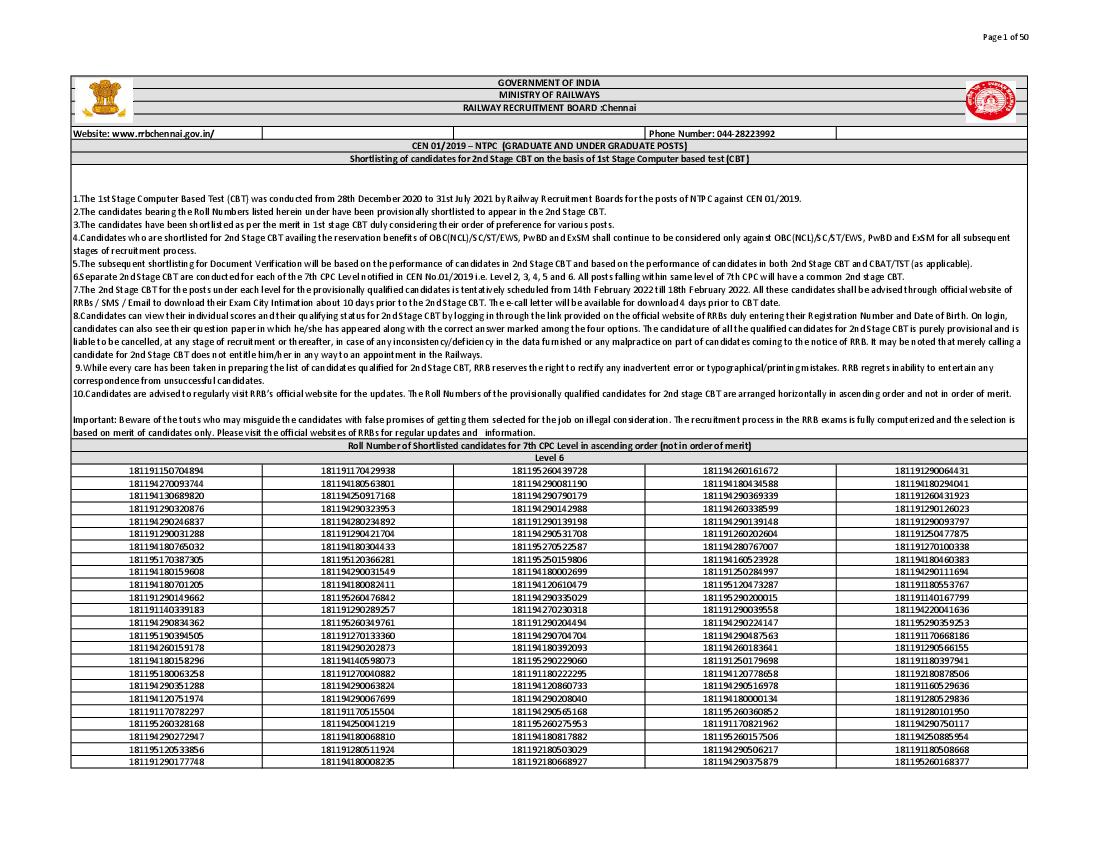 RRB Chennai NTPC CBT 1 Result 2022 Level 6 - Page 1