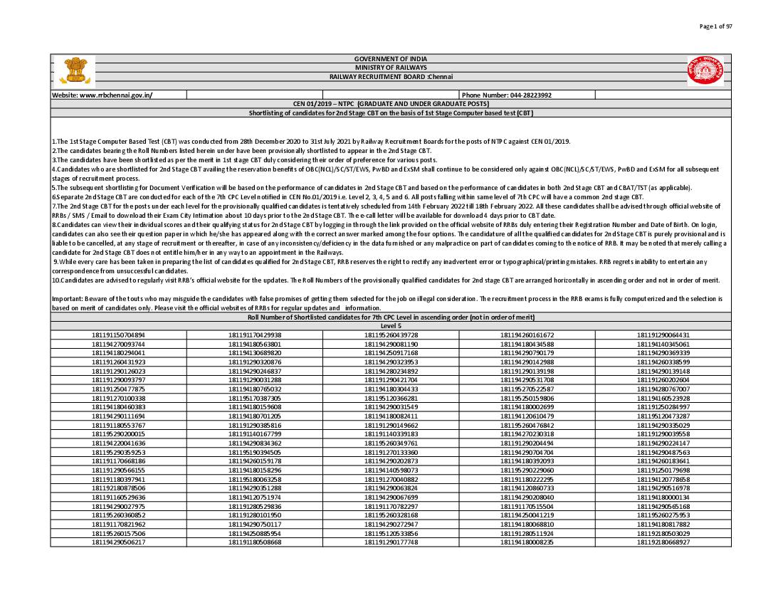 RRB Chennai NTPC CBT 1 Result 2022 Level 5 - Page 1