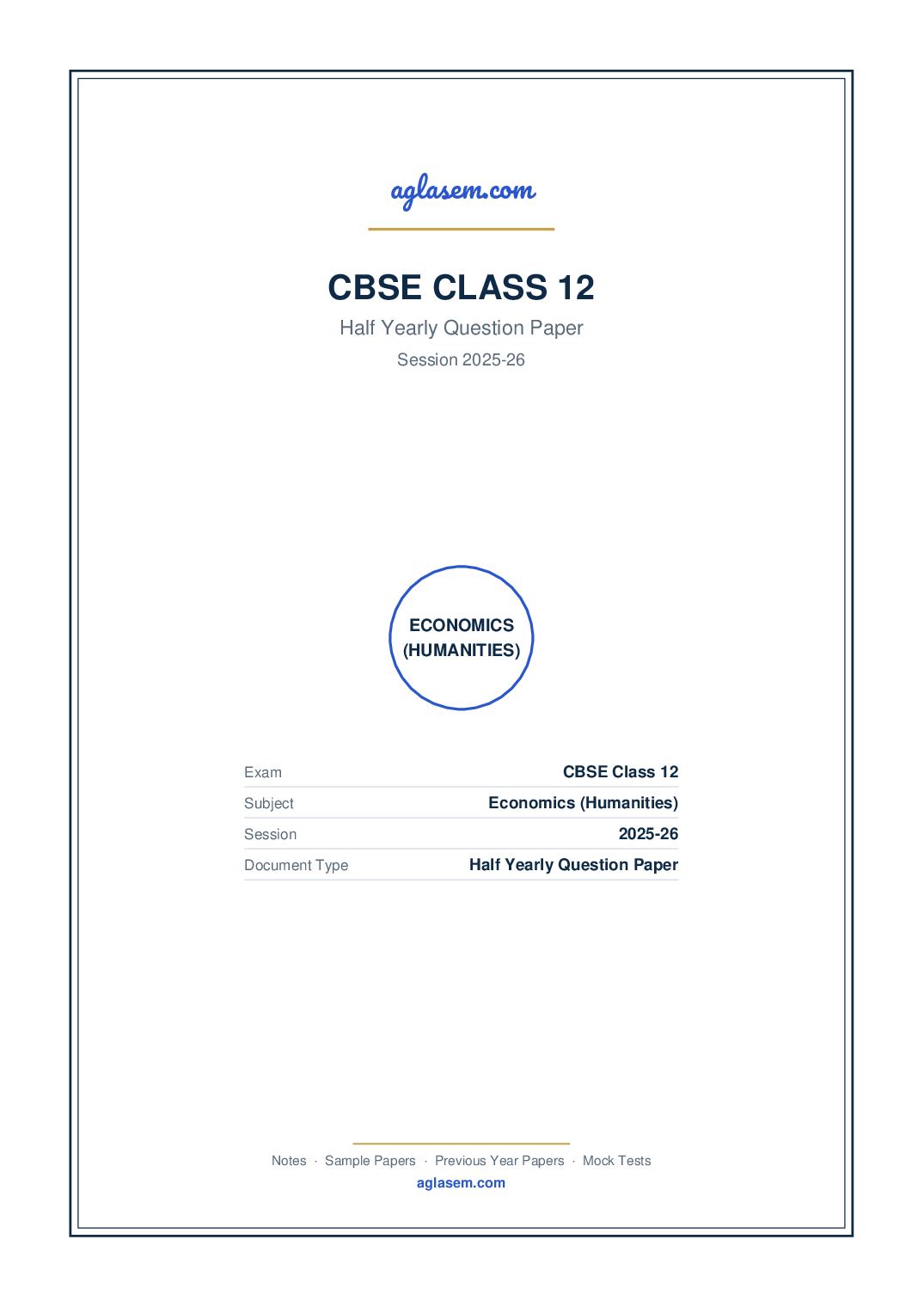 Class 12 Half Yearly Question Paper 2025-26 Economics (Humanities) - Page 1 of 9
