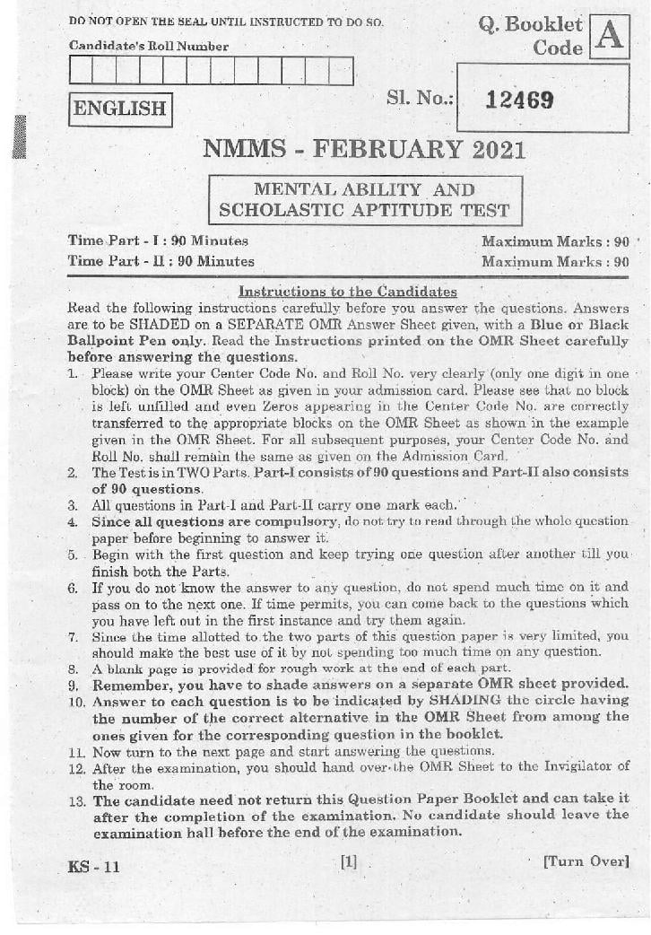 AP NMMS 2021 Question Paper - Page 1