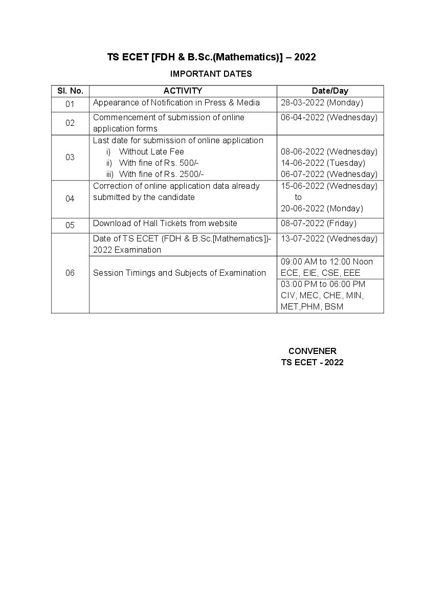 TS ECET 2022 Important Dates - Page 1