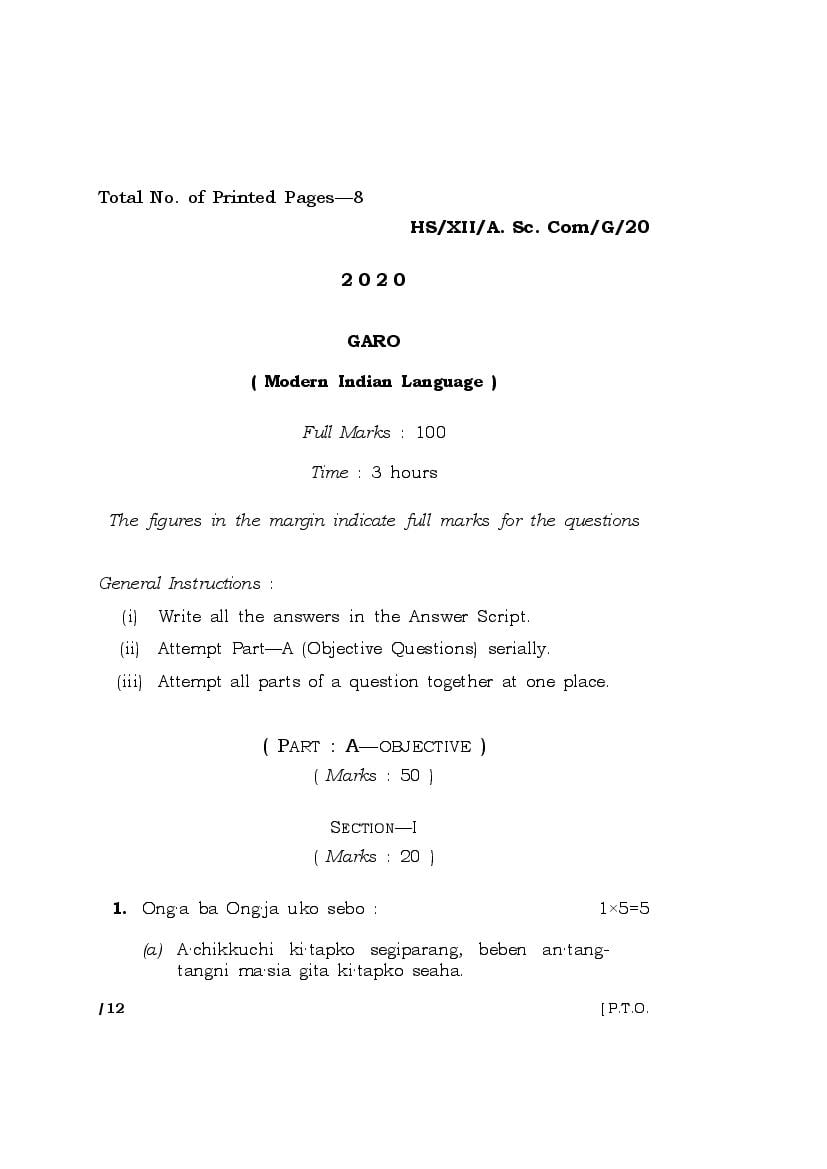 MBOSE Class 12 Question Paper 2020 for Garo - Page 1