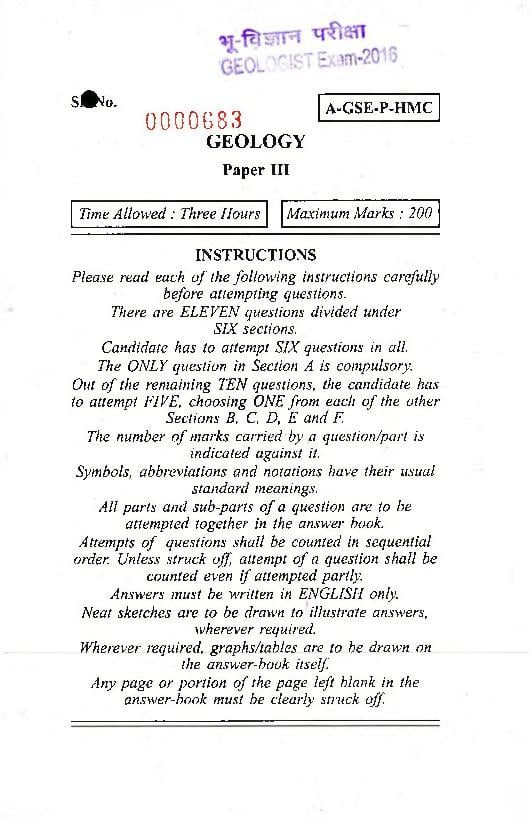 UPSC CGGE 2016 Question Paper Geology Paper III - Page 1