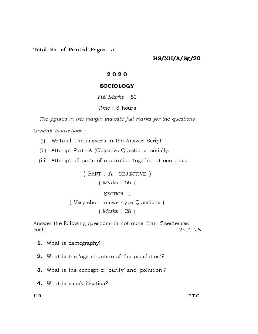MBOSE Class 12 Question Paper 2020 for Sociology - Page 1