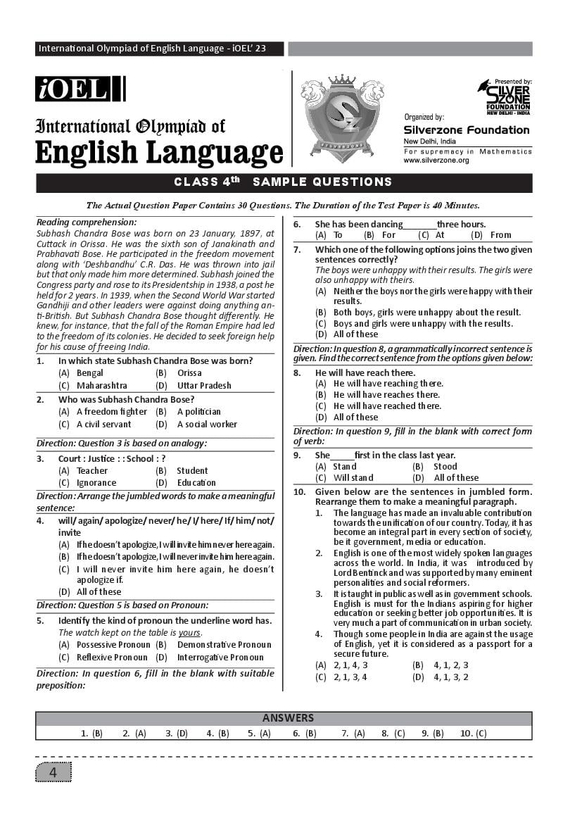 Silverzone English Olympiad Sample Papers For Class 4