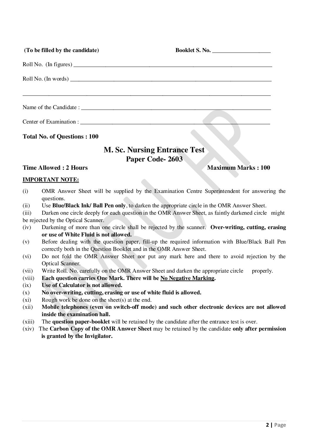 HP M.Sc Nursing 2026 Question Paper PDF