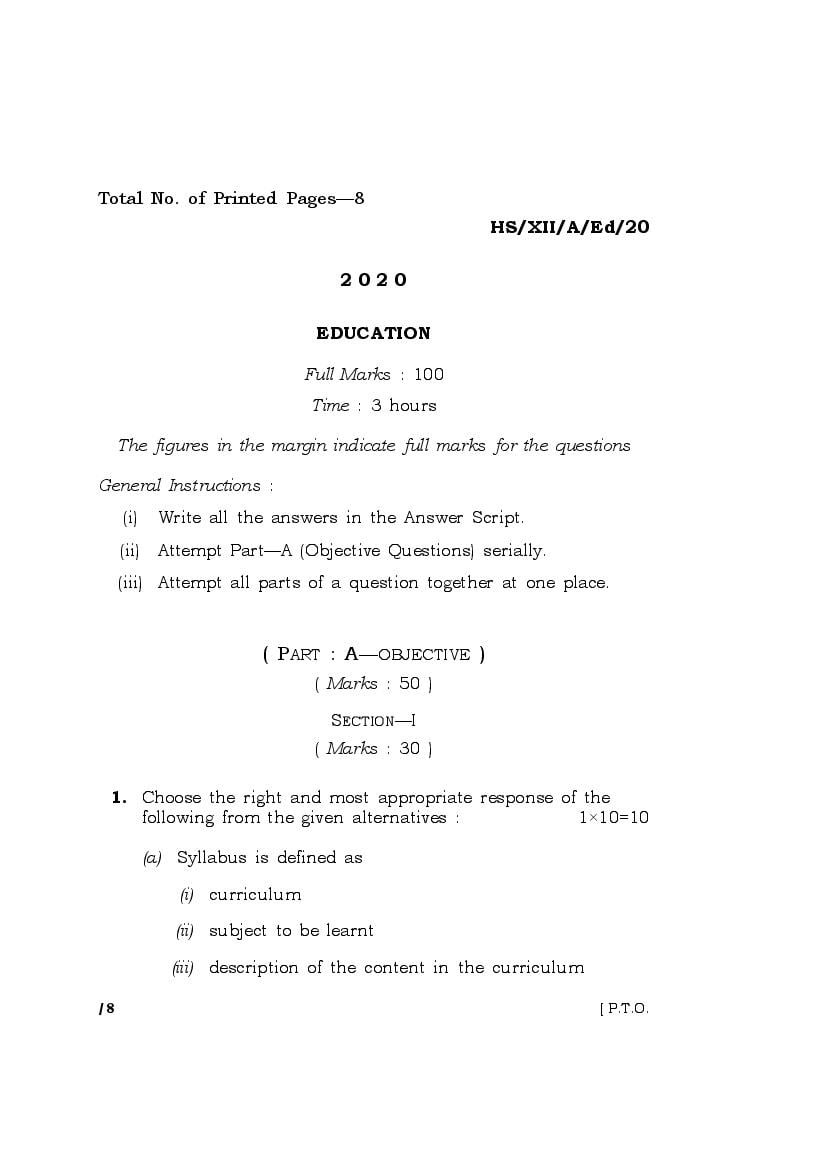 MBOSE Class 12 Question Paper 2020 for Education - Page 1