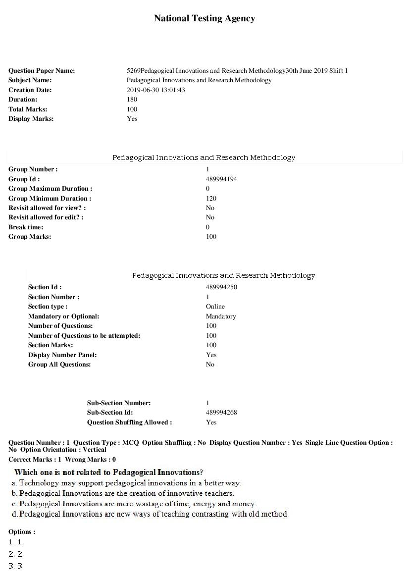ARPIT 2019 Question Paper for Pedagogical Innovations and Research Methodology Shift 1 - Page 1 of 30