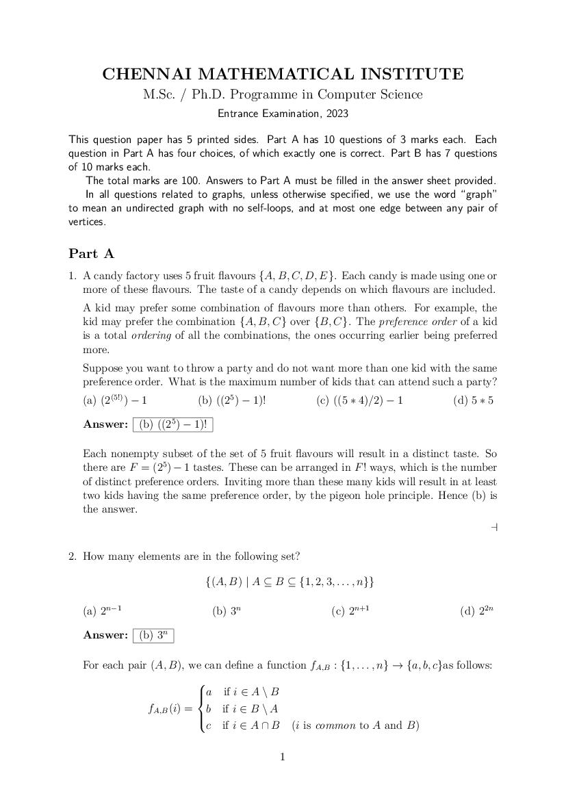 CMI Entrance Exam 2023 Question Paper Solution M.Sc PhD Computer Science