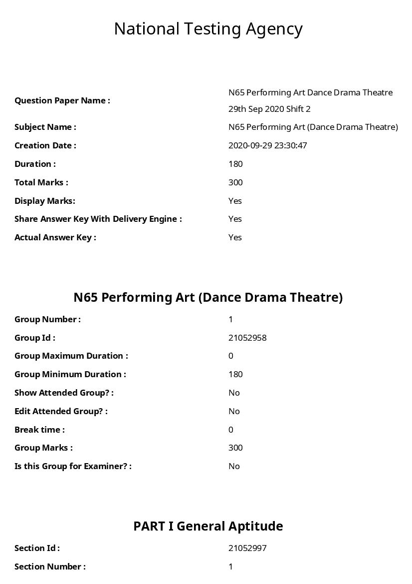 UGC NET 2020 Question Paper for N65 Performing Art (Dance Drama Theatre) - Page 1