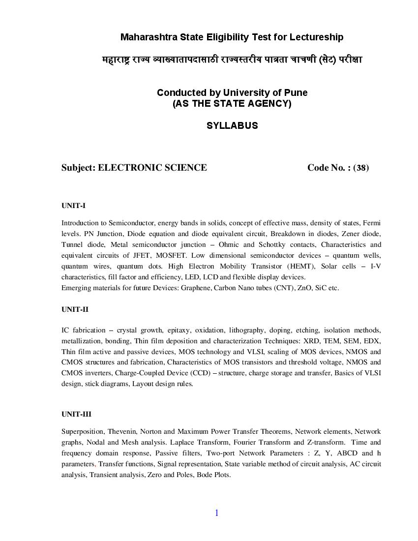 MAHA SET 2020 Syllabus Electronics Science - Page 1 of 3