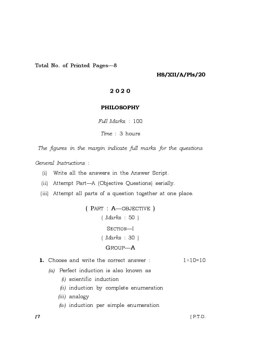 MBOSE Class 12 Question Paper 2020 for Philosophy - Page 1