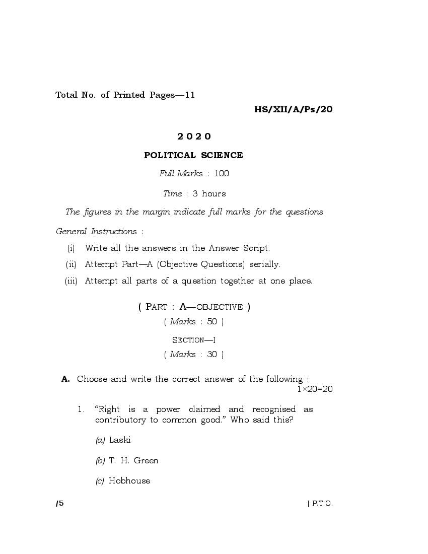 MBOSE Class 12 Question Paper 2020 for Political Science - Page 1