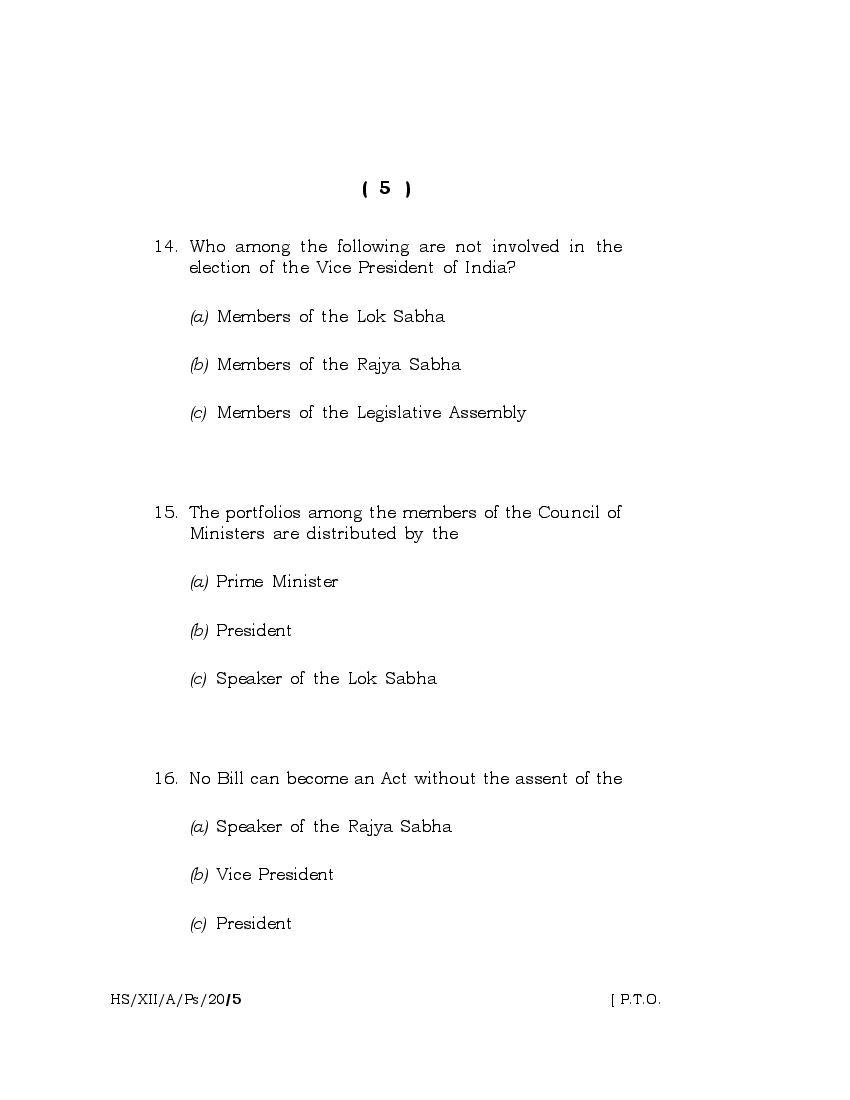 Meghalaya Board (MBOSE) Class 12 Question Paper for Political Science