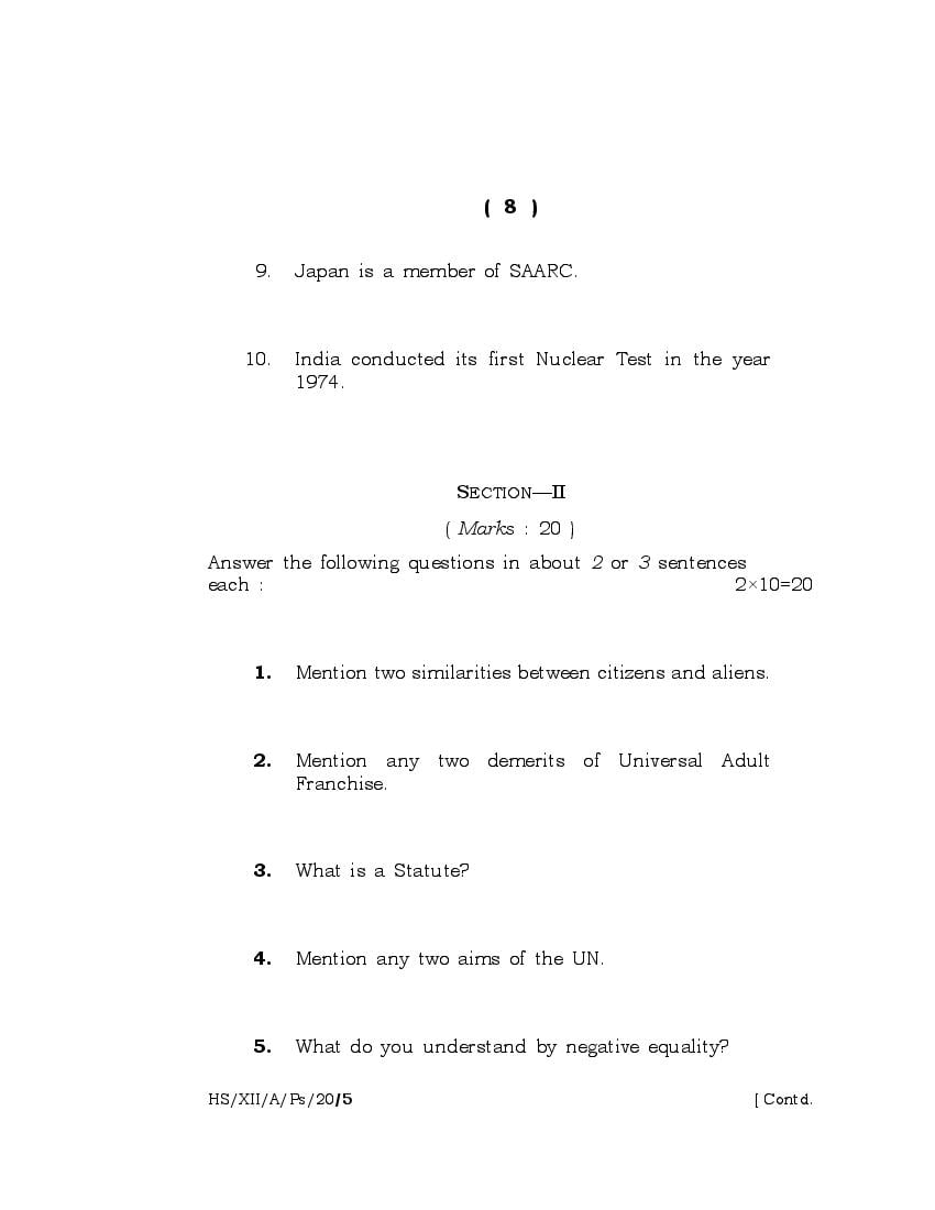 Meghalaya Board (MBOSE) Class 12 Question Paper for Political Science