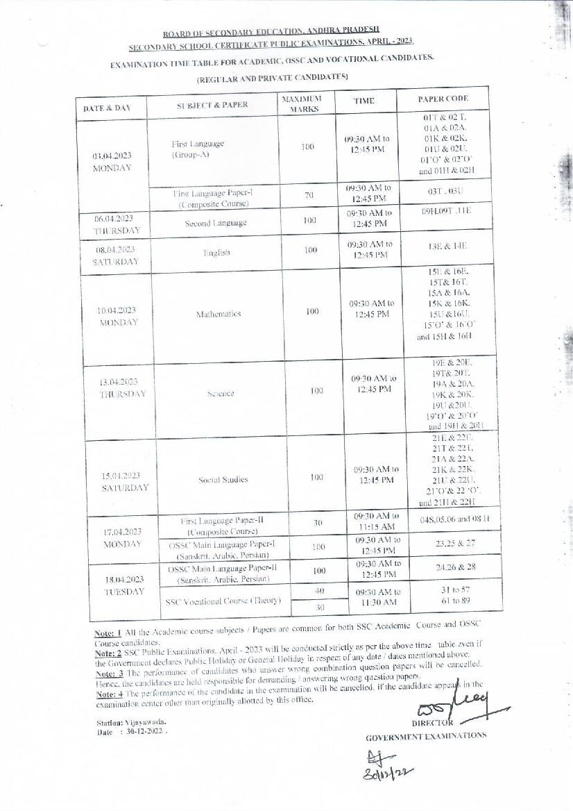 AP SSC Time Table 2023 - Page 1