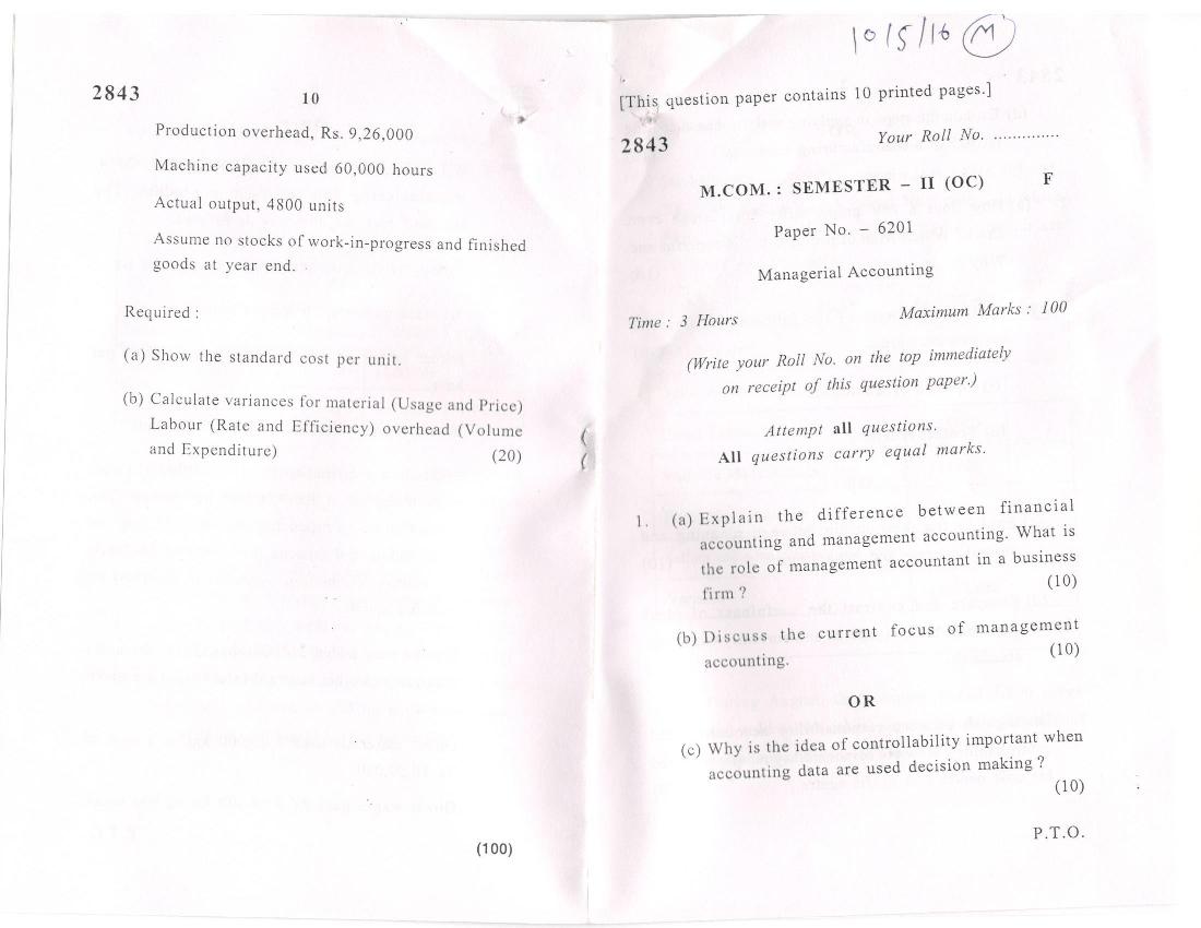 DU SOL M.Com Question Paper 1st Year 2016 Sem 2 Managerial Accounting - Page 1