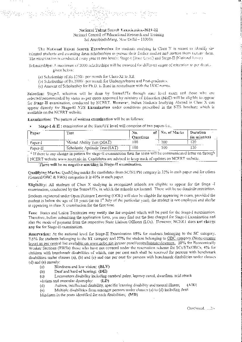 NCERT NTSE 2021-2022 Notification - Page 1