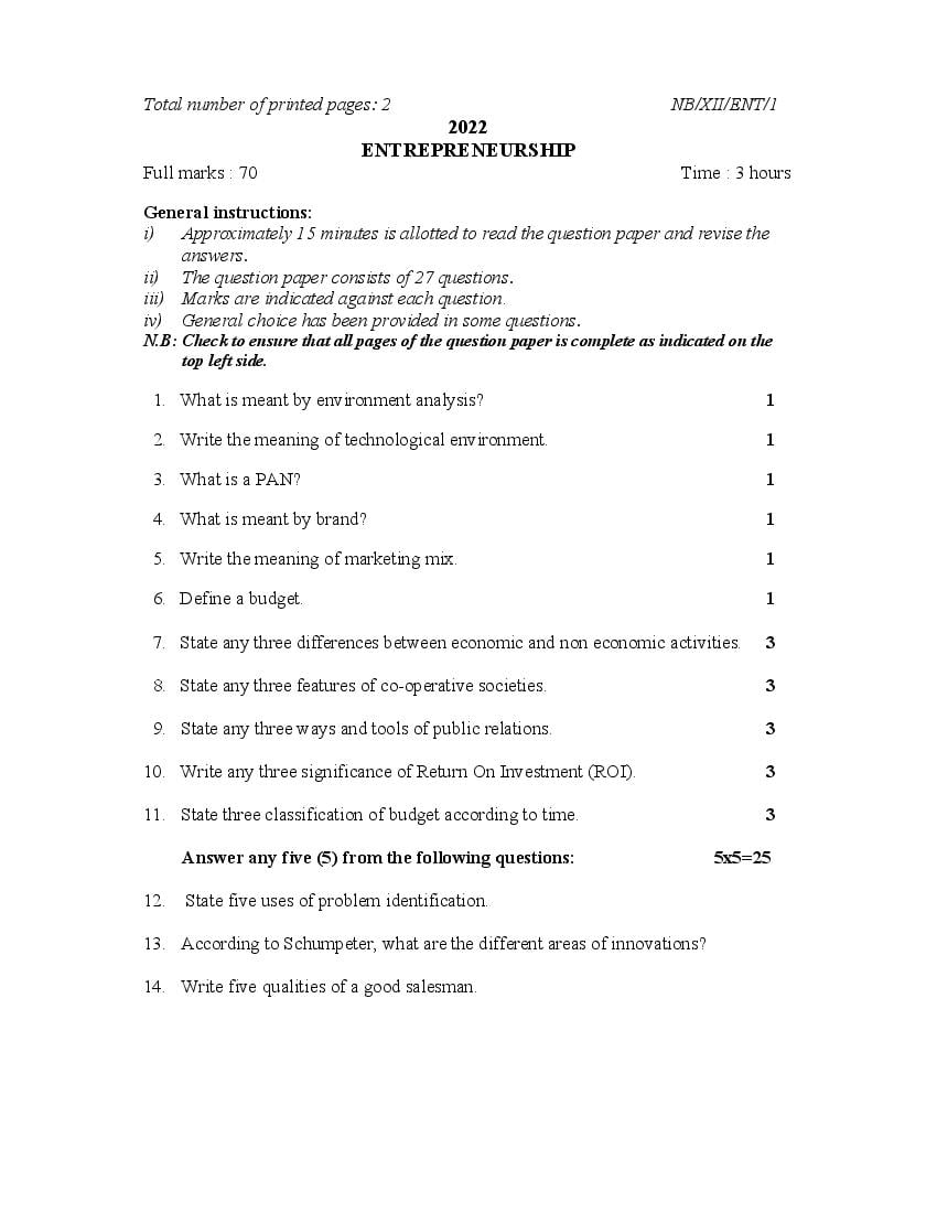 NBSE Class 12 Question Paper 2022 Entrepreneurship - Page 1