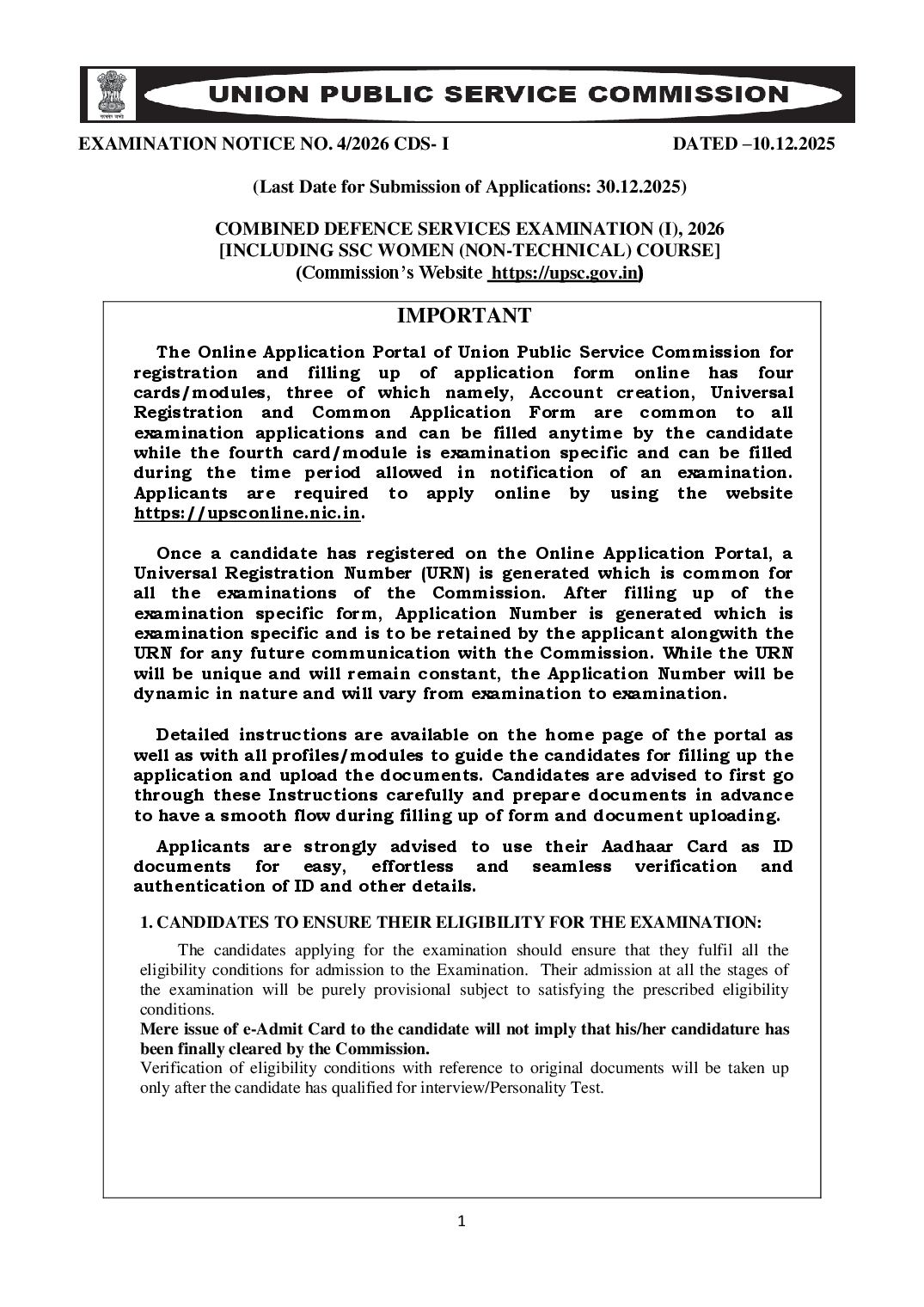 UPSC CDS I 2026 Notification - Page 1 of 83