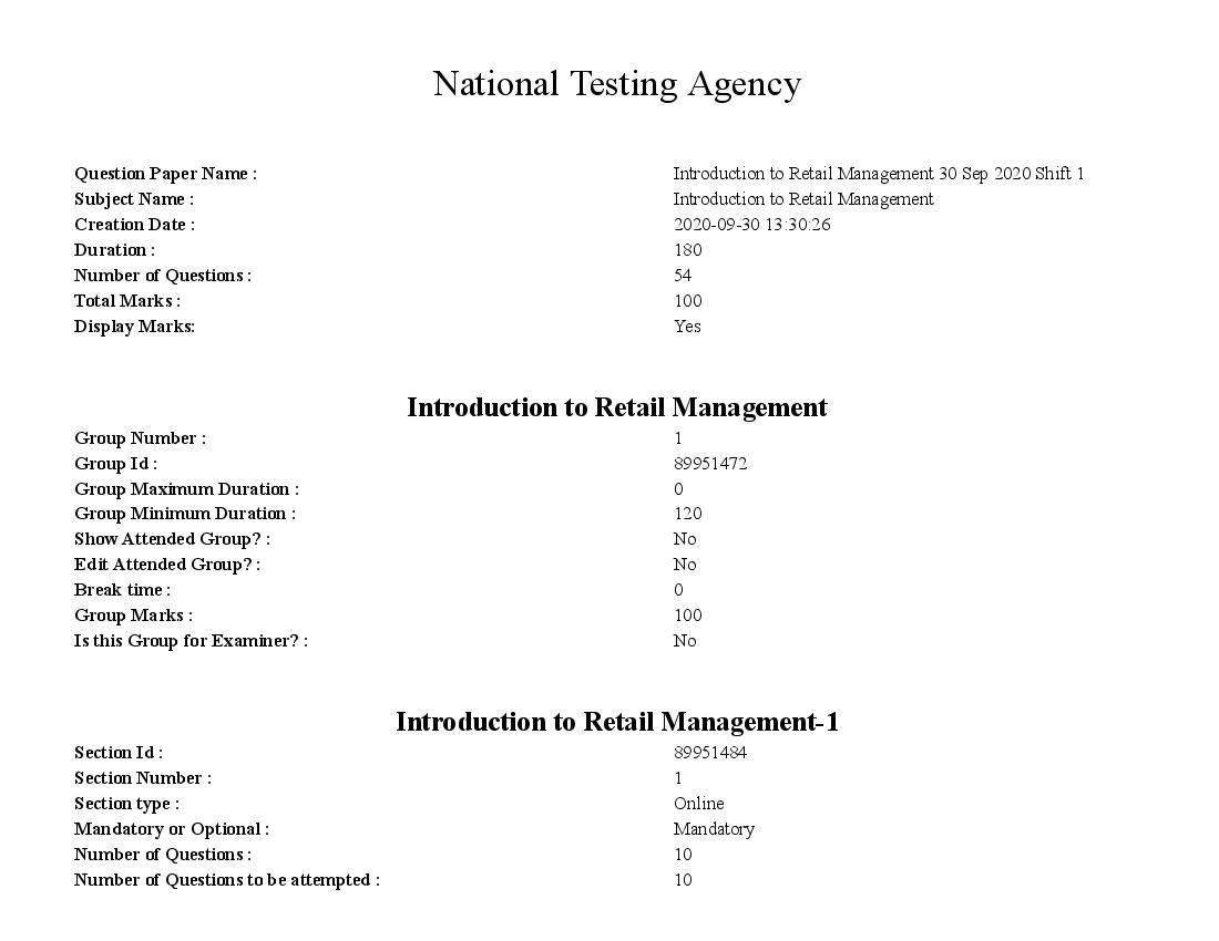 SWAYAM 2020 Question Paper Introduction to Retail Management - Page 1