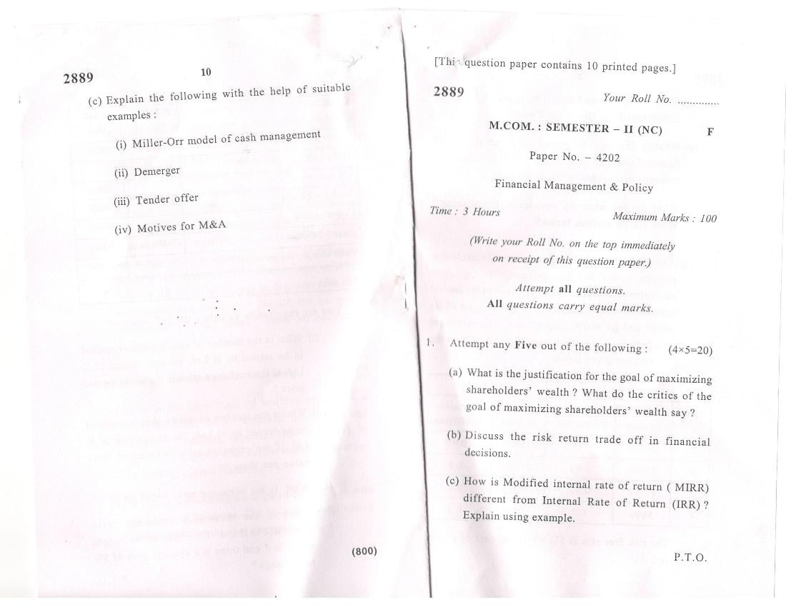DU SOL M.Com Question Paper 1st Year 2016 Sem 2 Financial Management and Policy Set 2 - Page 1