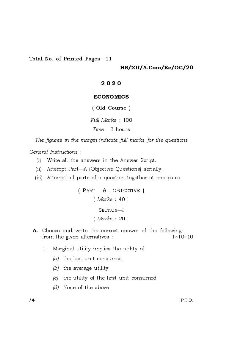 MBOSE Class 12 Question Paper 2020 for Economics Old Course - Page 1