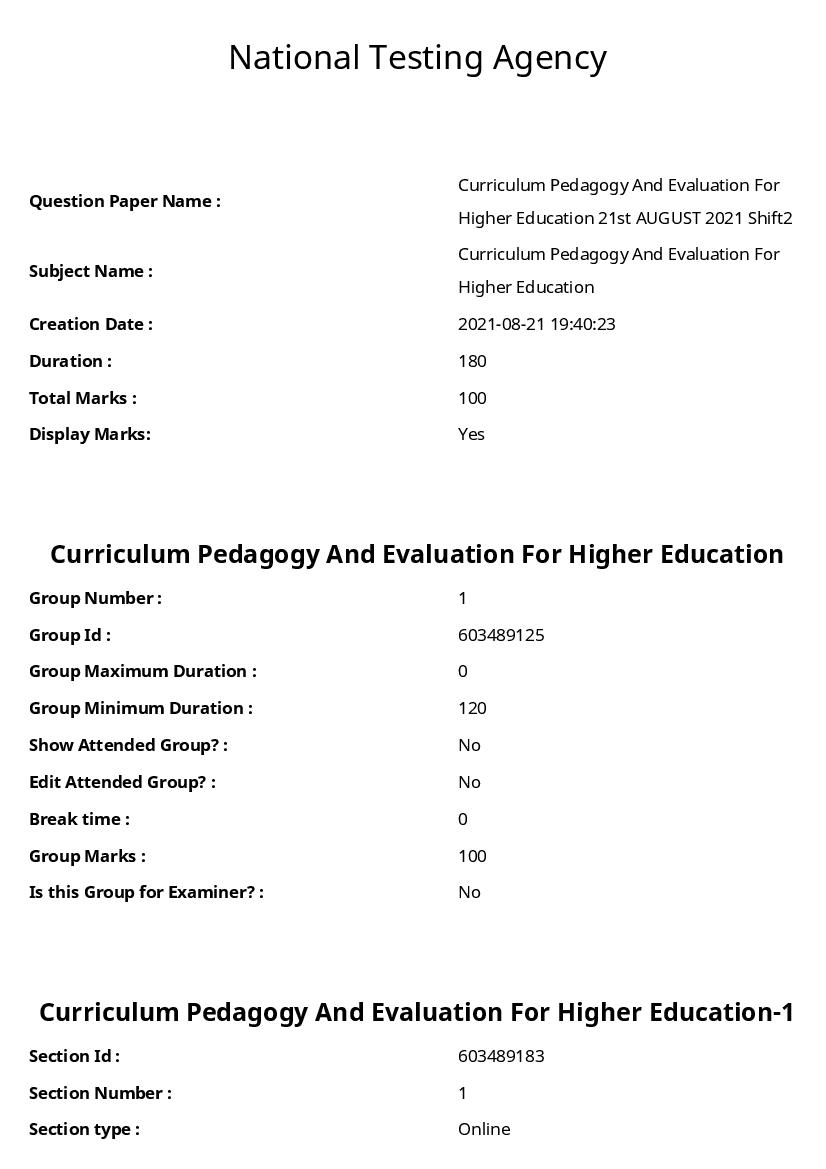ARPIT 2021 Question Paper for Curriculum Pedagogy And Evaluation For Higher Education - Page 1 of 52