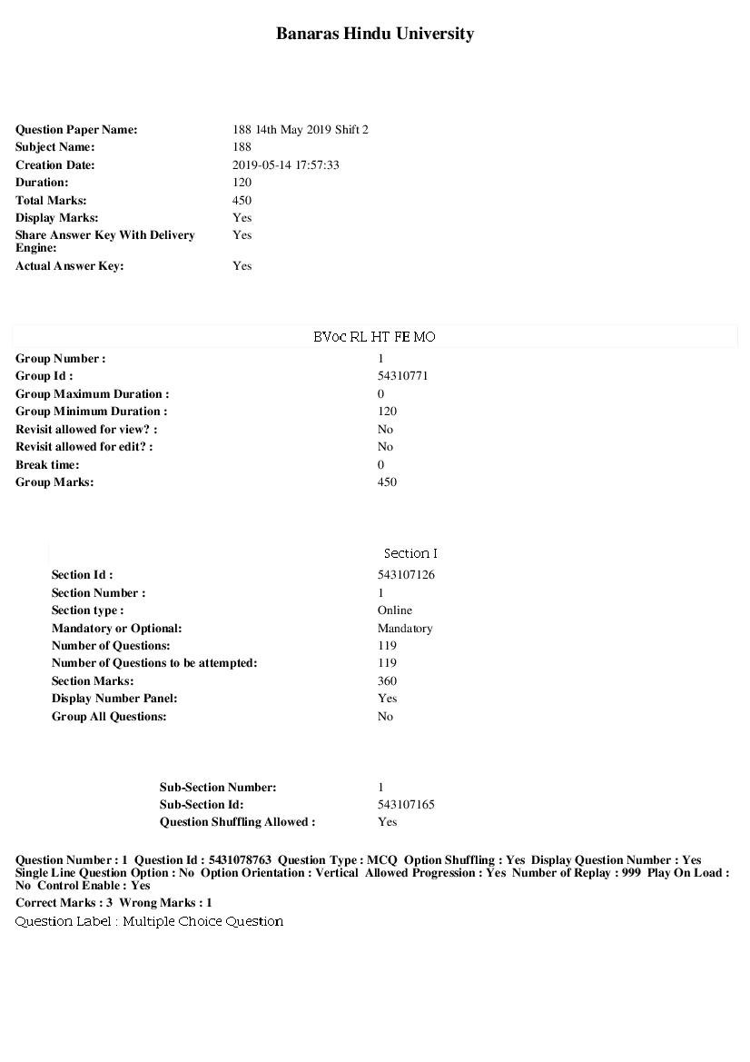 BHU UET 2019 Question Paper B.Voc in RL HT FE MO - Page 1