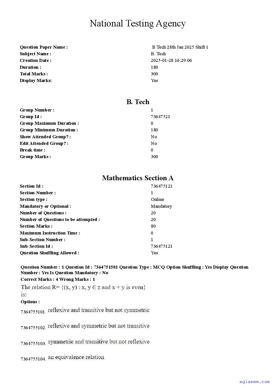 JEE Main 2025 Question Paper (B.Tech) - 28 Jan Shift 1 - Page 1 of 3
