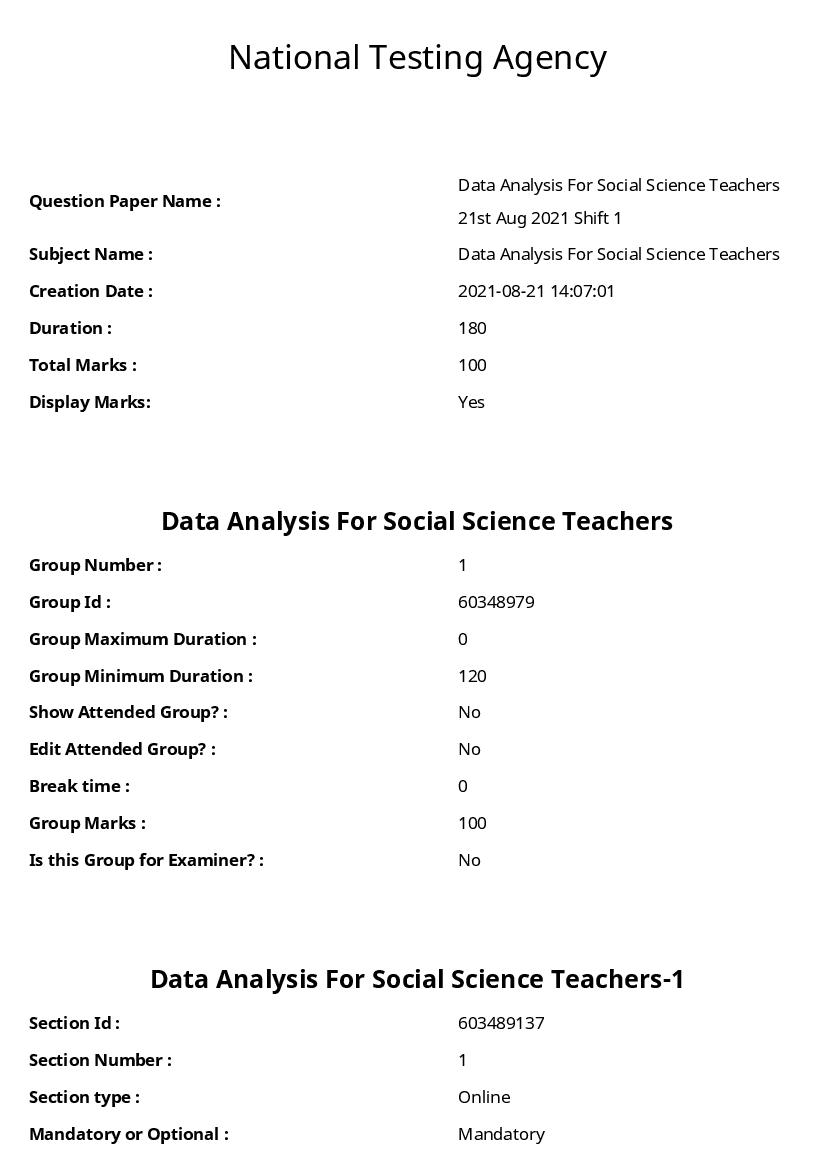 ARPIT 2021 Question Paper for Data Analysis For Social Science Teachers - Page 1
