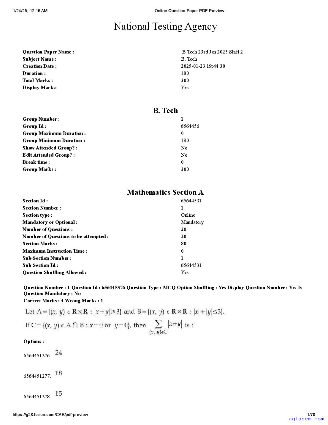 JEE Main 2025 Question Paper (B.Tech) - 23 Jan Shift 2 - Page 1 of 10