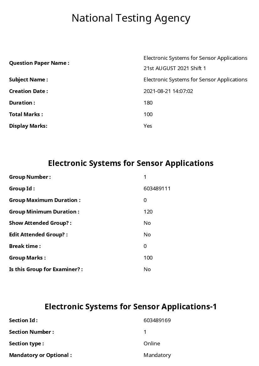 ARPIT 2021 Question Paper for Electronic Systems for Sensor Applications - Page 1 of 31