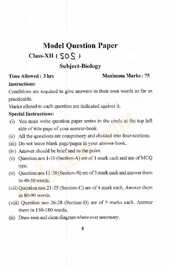 HPBOSE SOS Class 12 Model Question Paper Biology - Page 1