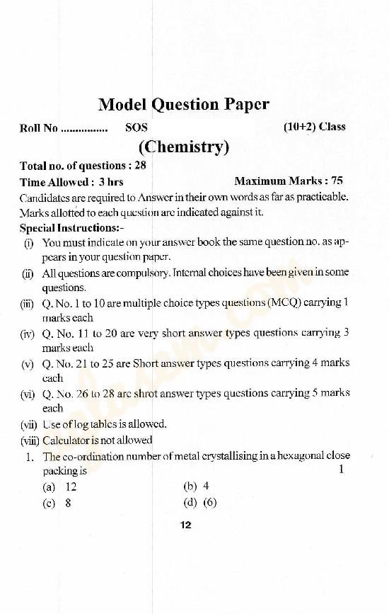 HPBOSE SOS Class 12 Model Question Paper Chemistry - Page 1