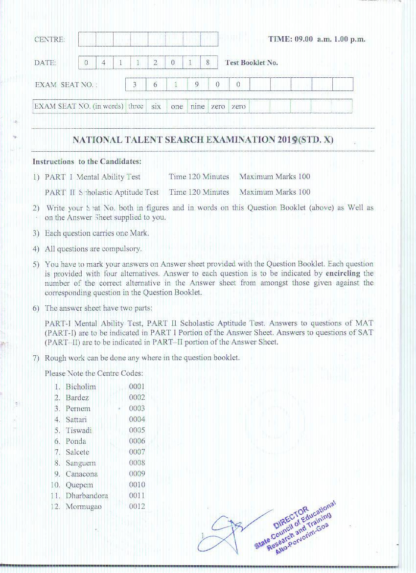 Goa NTSE 2018-19 Question Paper with Answer Key - Page 1