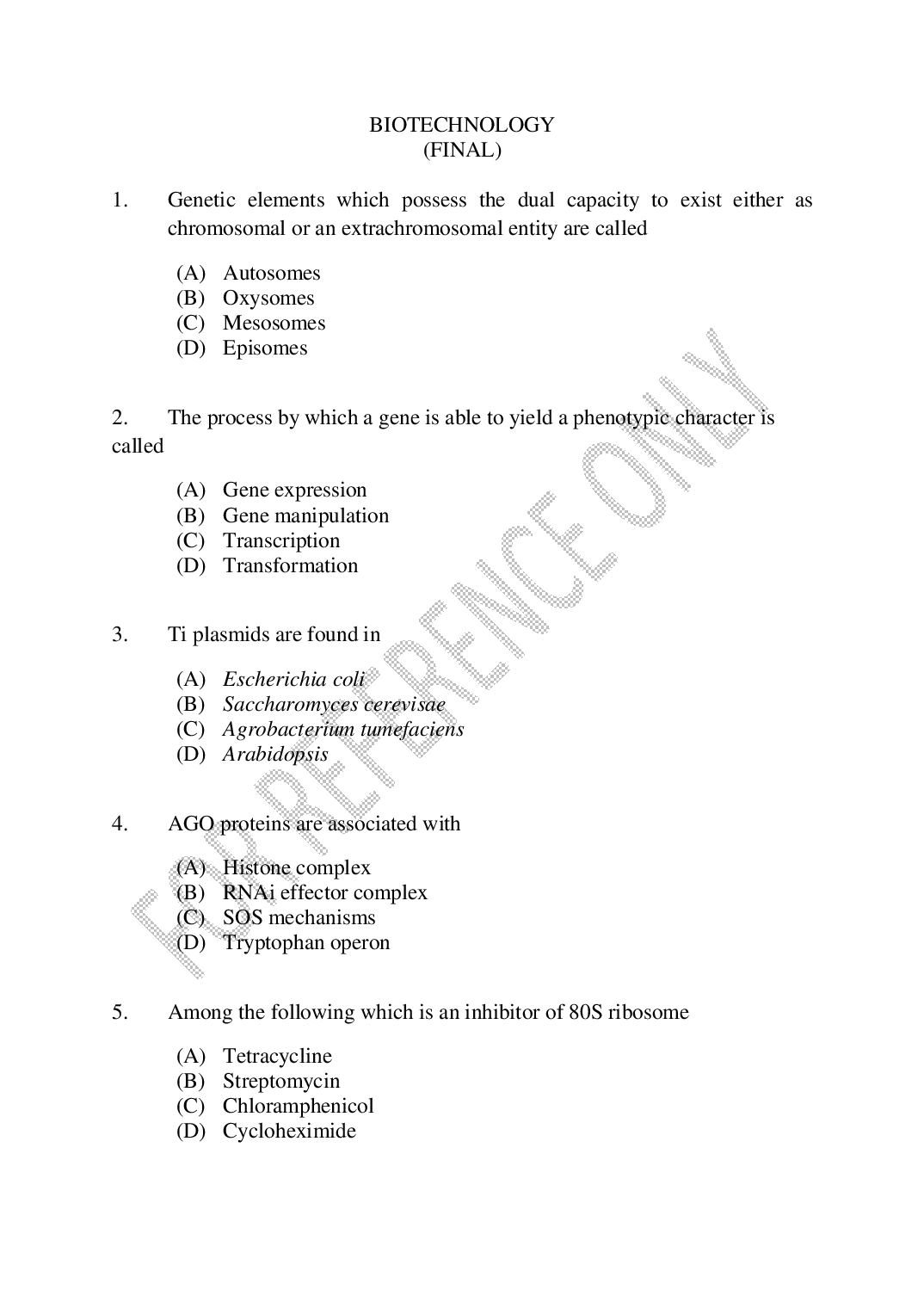 CUSAT CAT 2025 Question Paper Biotechnology - Page 1 of 30