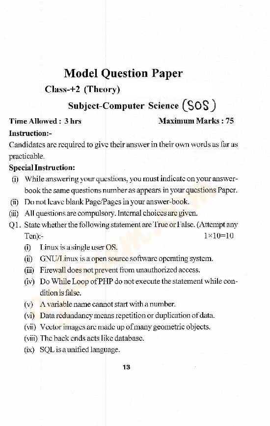 HPBOSE SOS Class 12 Model Question Paper Computer Science - Page 1