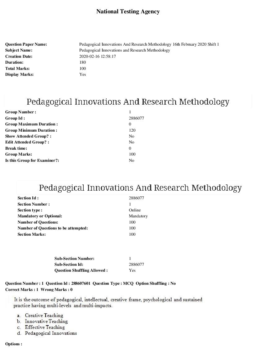ARPIT 2020 Question Paper for Pedagogical Innovations and Research Methodology - Page 1 of 37