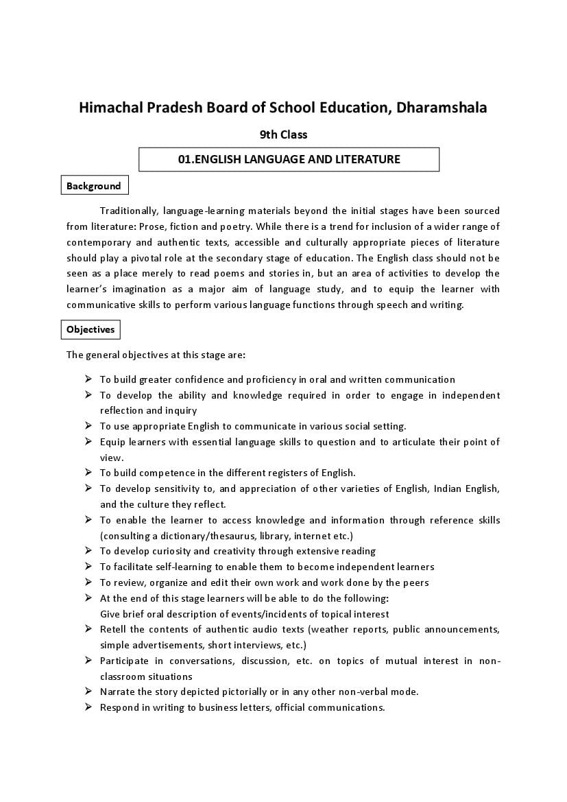 HP Board Class 9 Syllabus 2024 English - Page 1