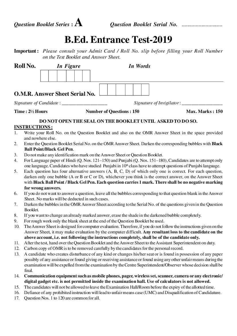 PU B.Ed Entrance Exam 2019 Question Paper (Punjab) - Page 1