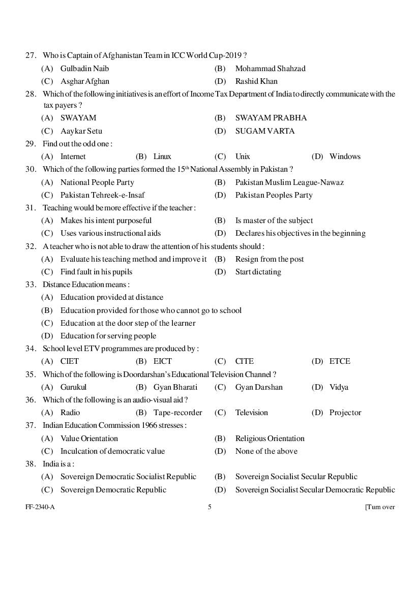 Punjab B.Ed 2019 Question Paper PDF with Answer Key