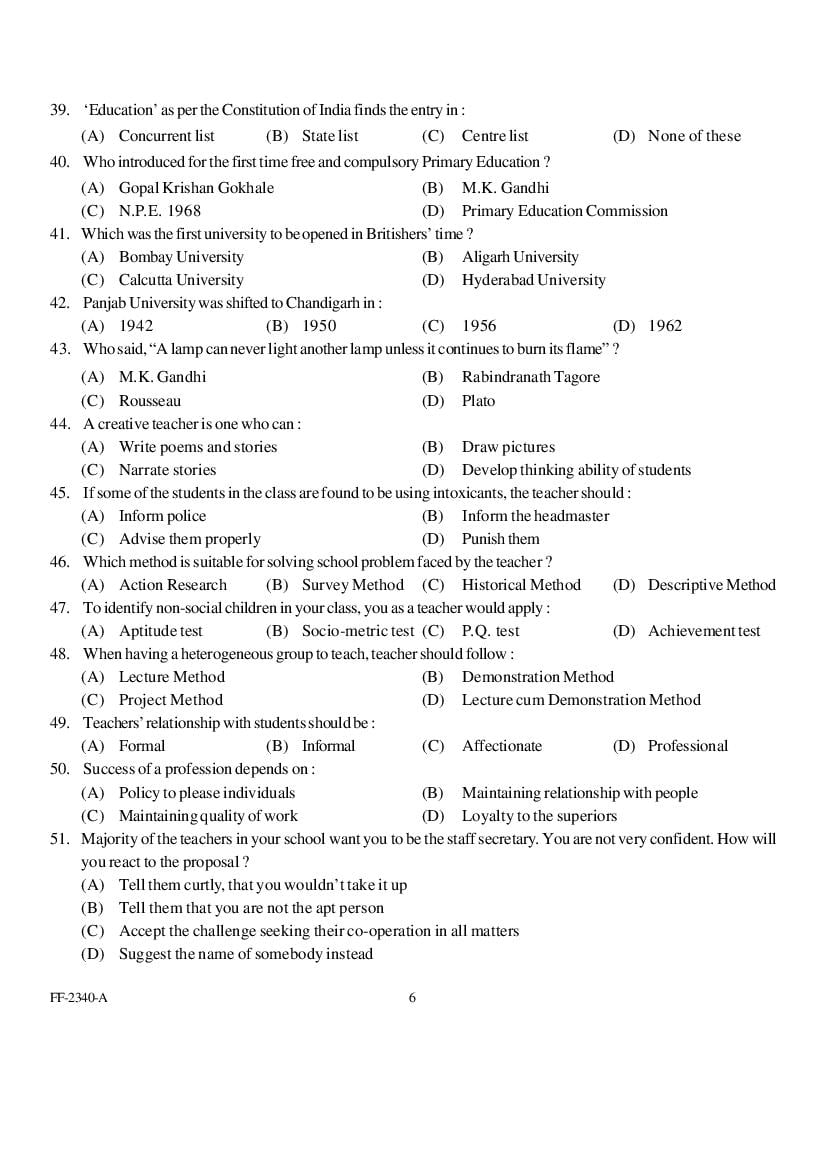 Punjab B.Ed 2019 Question Paper PDF with Answer Key