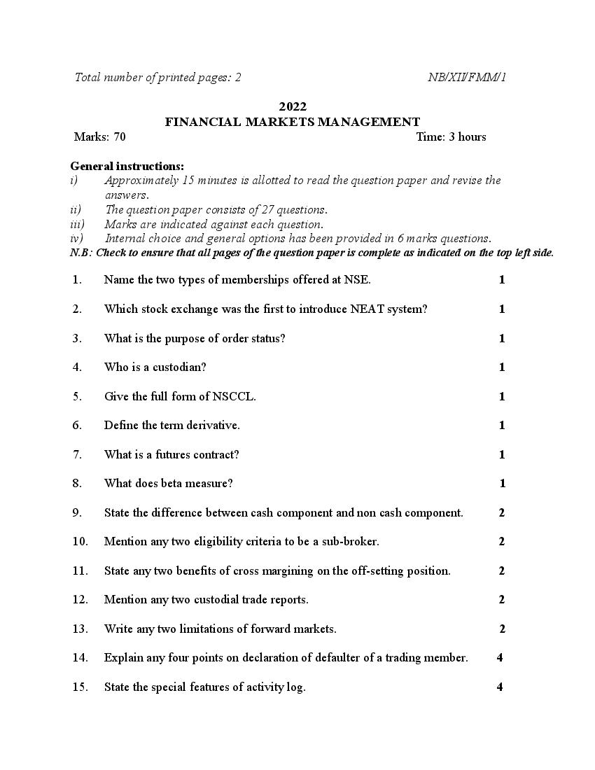 NBSE Class 12 Question Paper 2022 Financial Markets Management - Page 1