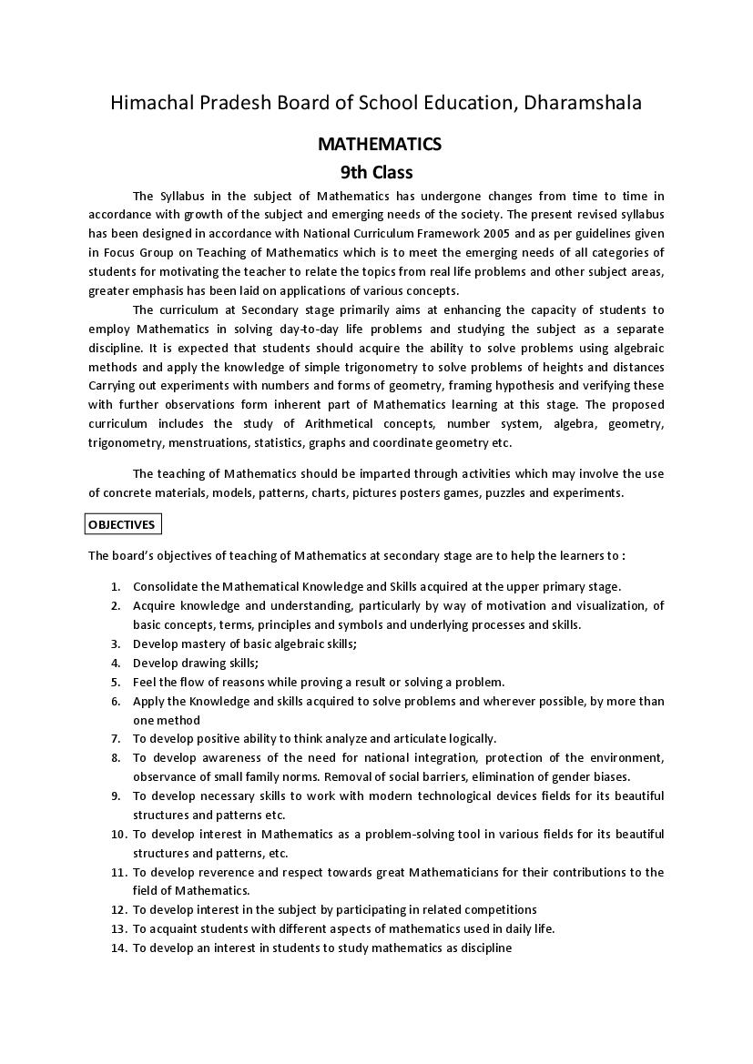 HP Board Class 9 Syllabus 2024 Math - Page 1